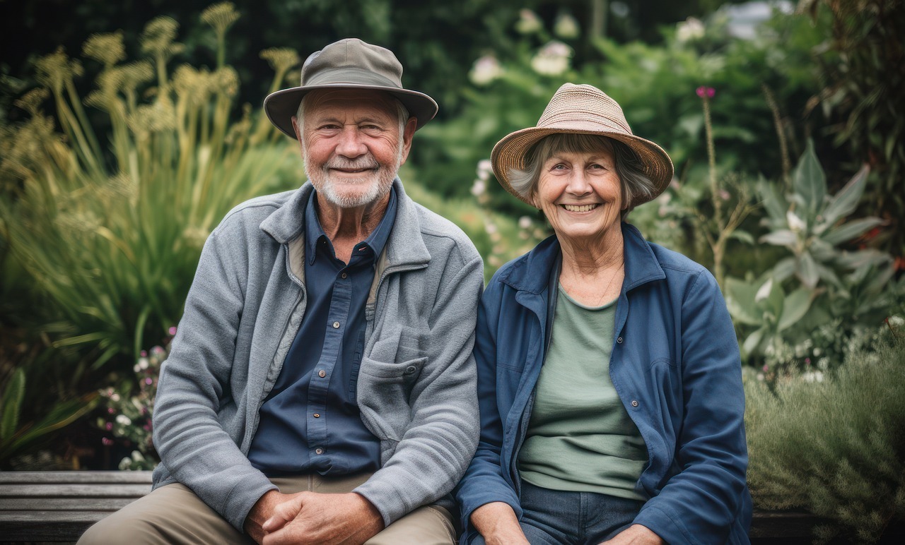 An elderly couple sitting on an outside bench